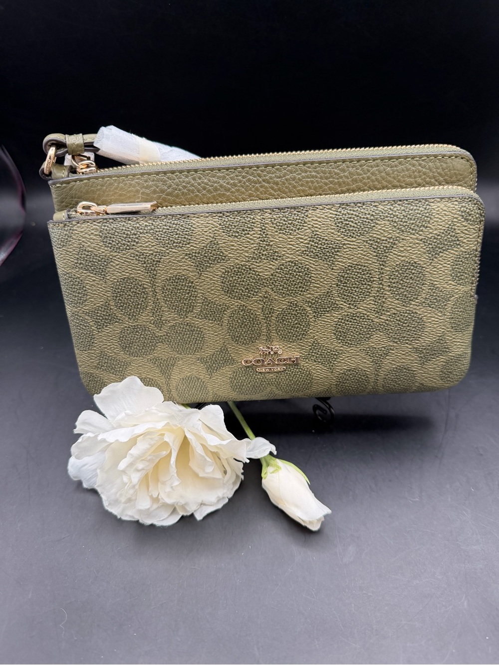 Coach Olive Signature Double Zip Wristlet with Gold Hardware